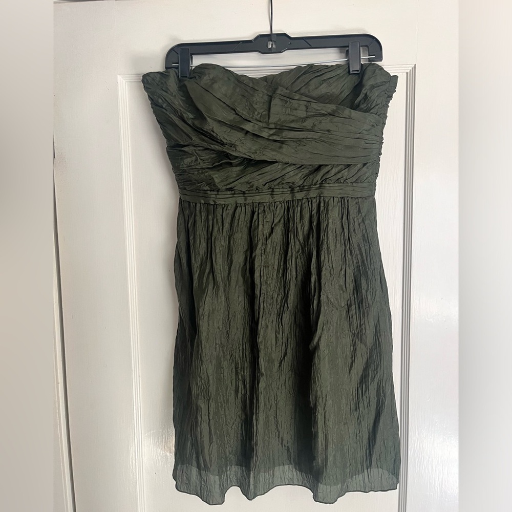 J crew crinkle silk strapless cocktail dress sz 10 nwto olive